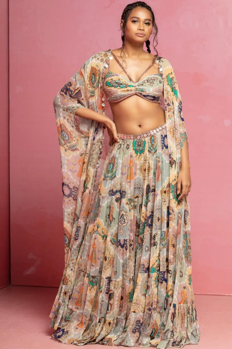 Cream Printed Flowy Skirt And Cape Set
