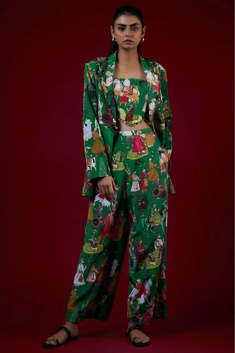 Green Printed Pant Suit Set