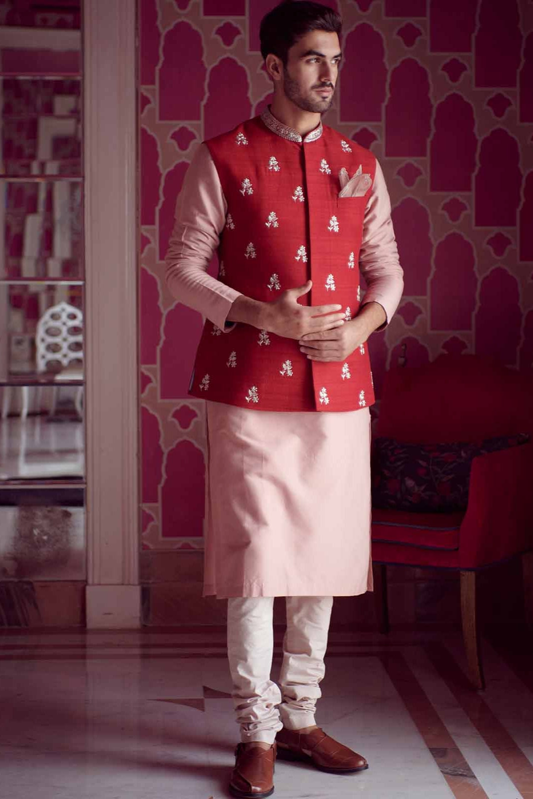 RED RAWSILK BUTTI ZARDOSI EMBROIDERED BANDI SET