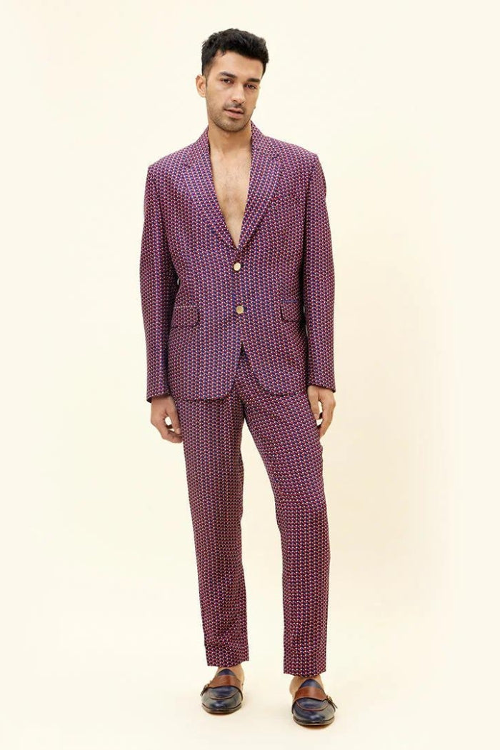 BLUE LEAF PRINT BLAZER WITH PRINTED PANTS