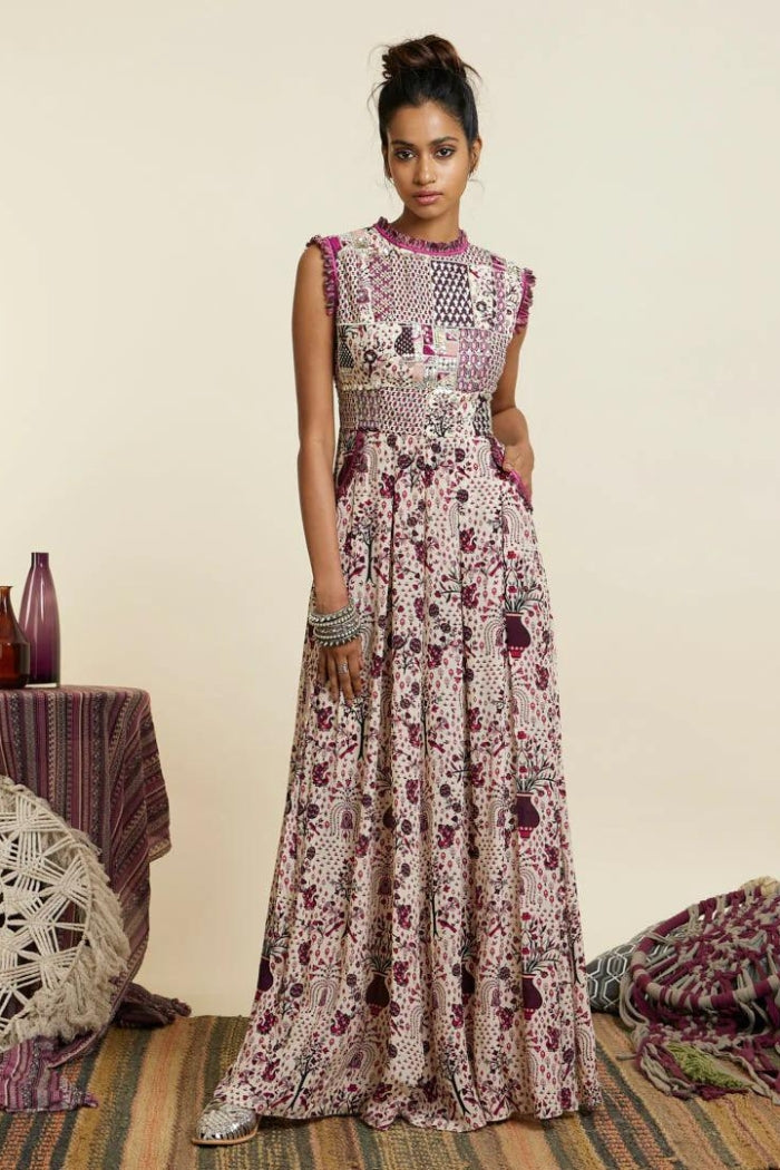 SAFAR MERLOT JAAL PRINT PATCHWORK JUMPSUIT