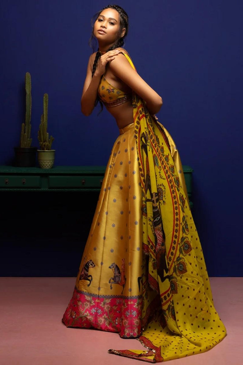Mustard Placement Embroidery Lehenga Set