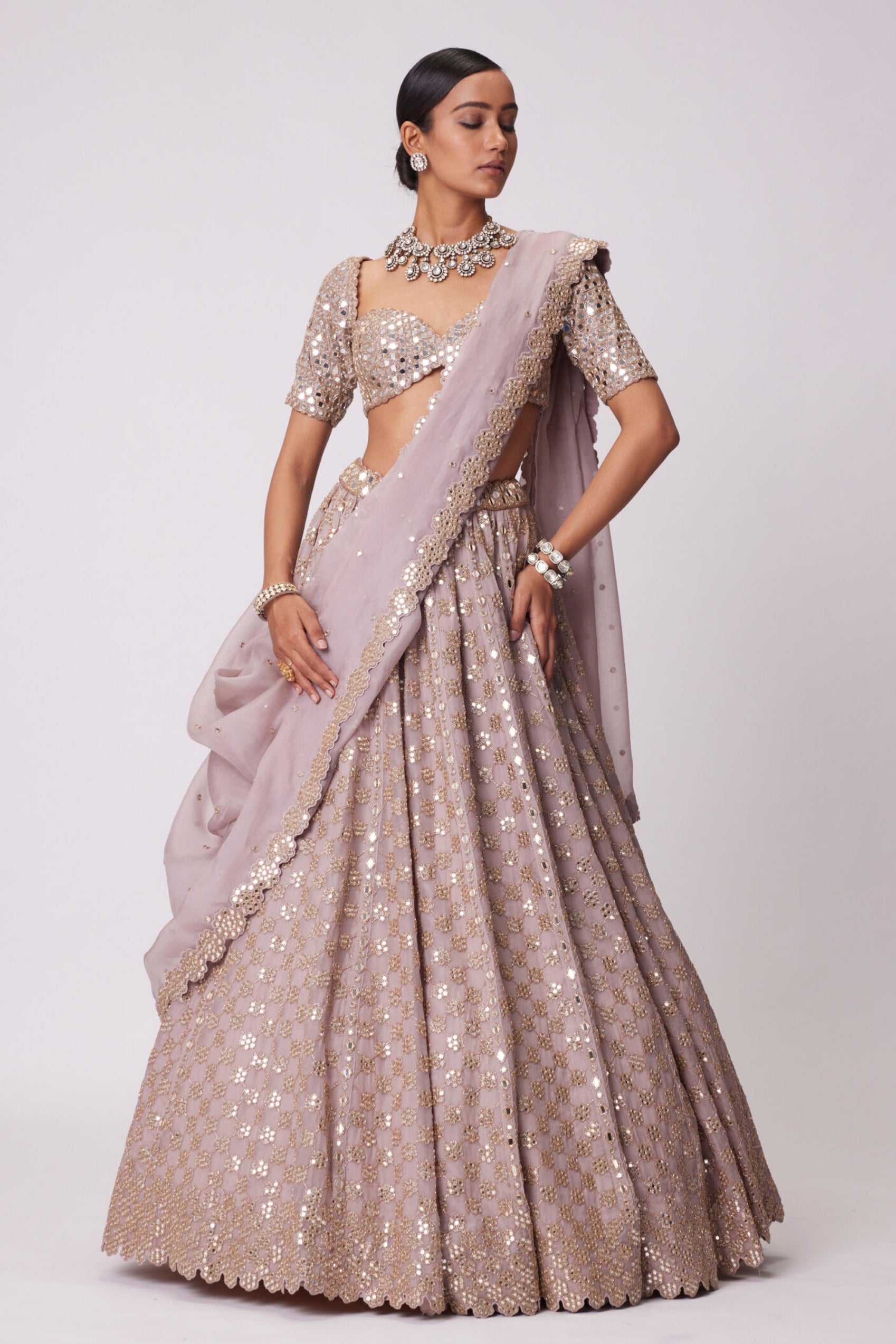 Ash Pink Mirror Flower Embroidered Lehenga Set