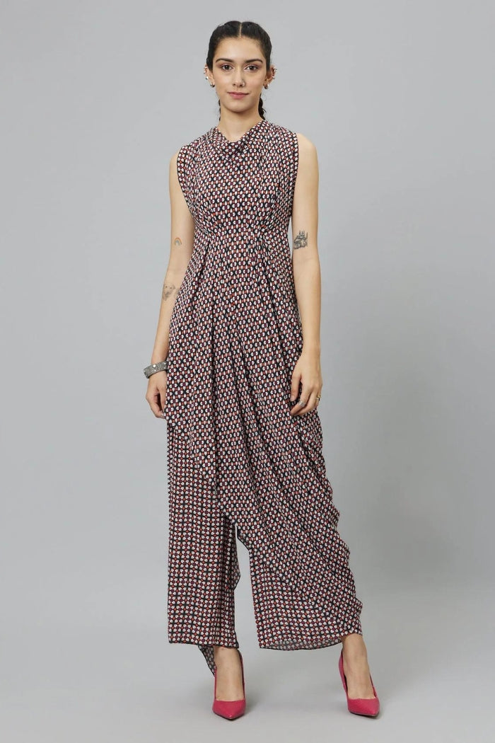 BLACK GEOMETRIC PRINT CROP TOP WITH ATTACHED DRAPE WITH PANTS