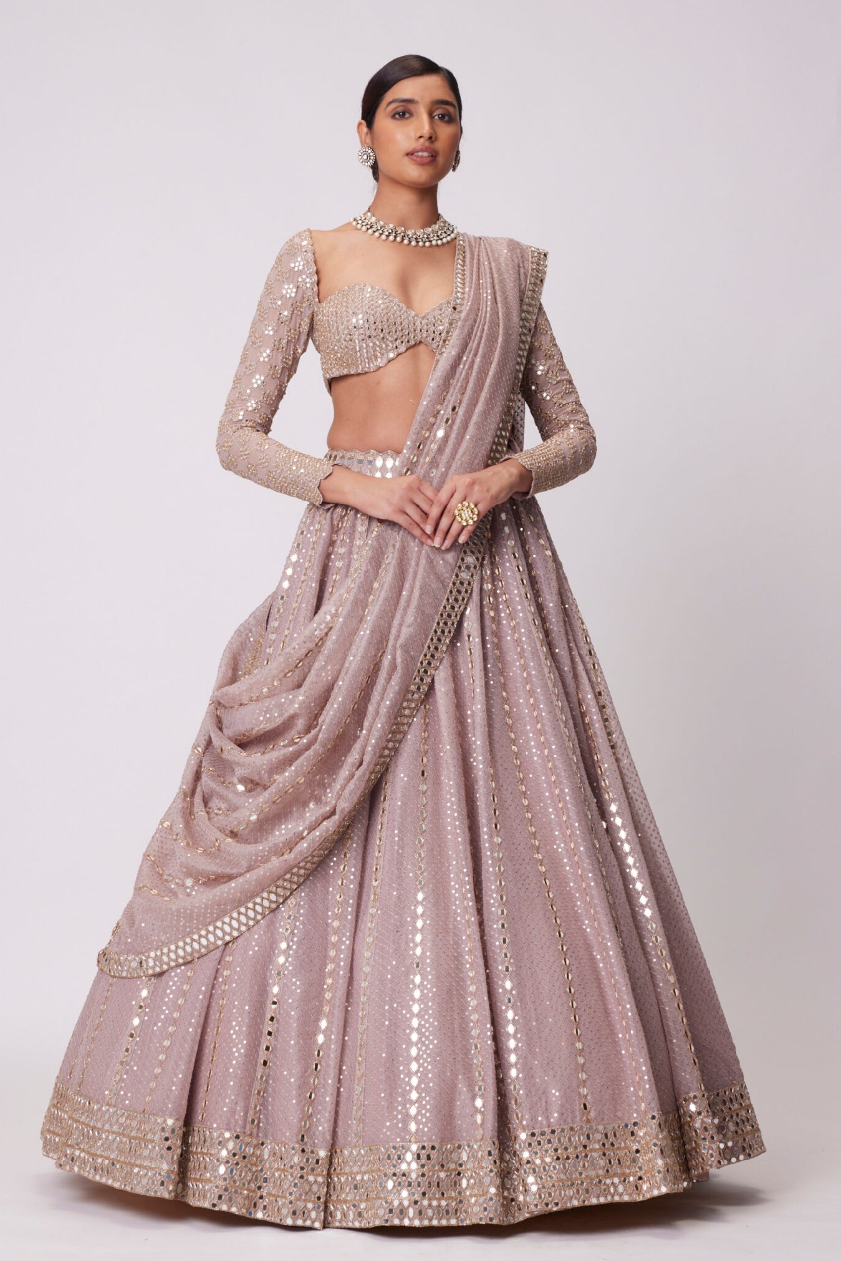 Ash Pink Sequin And Mirror Embroidered Lehenga Set