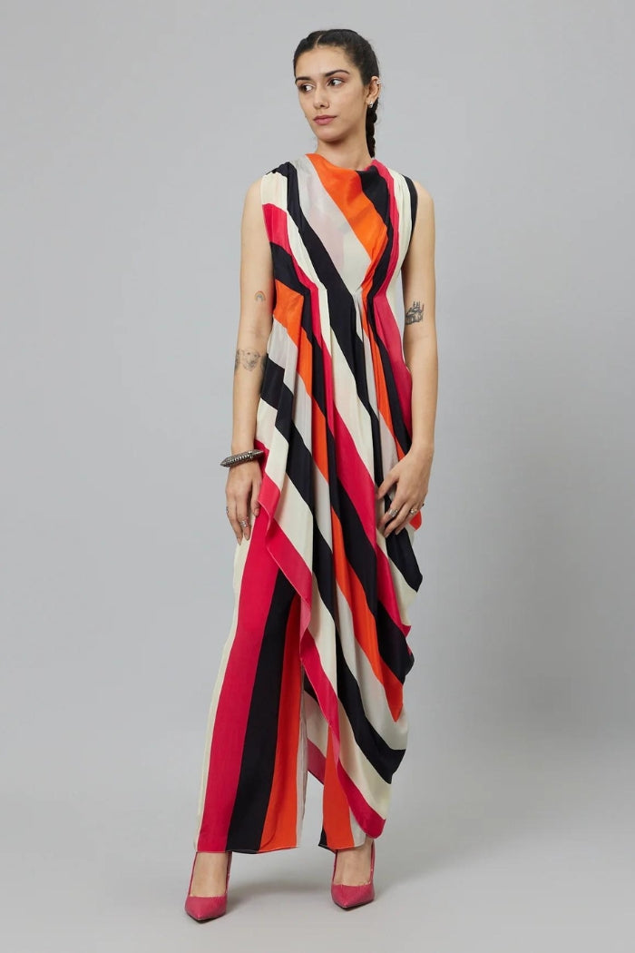 SHAHAR STRIPE PRINT CROP TOP WITH ATTACHED DRAPE WITH PANTS