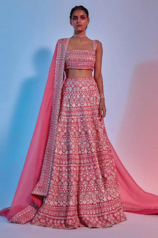 EMBROIDERED CROP TOP WITH PINK DRAPE SKIRT