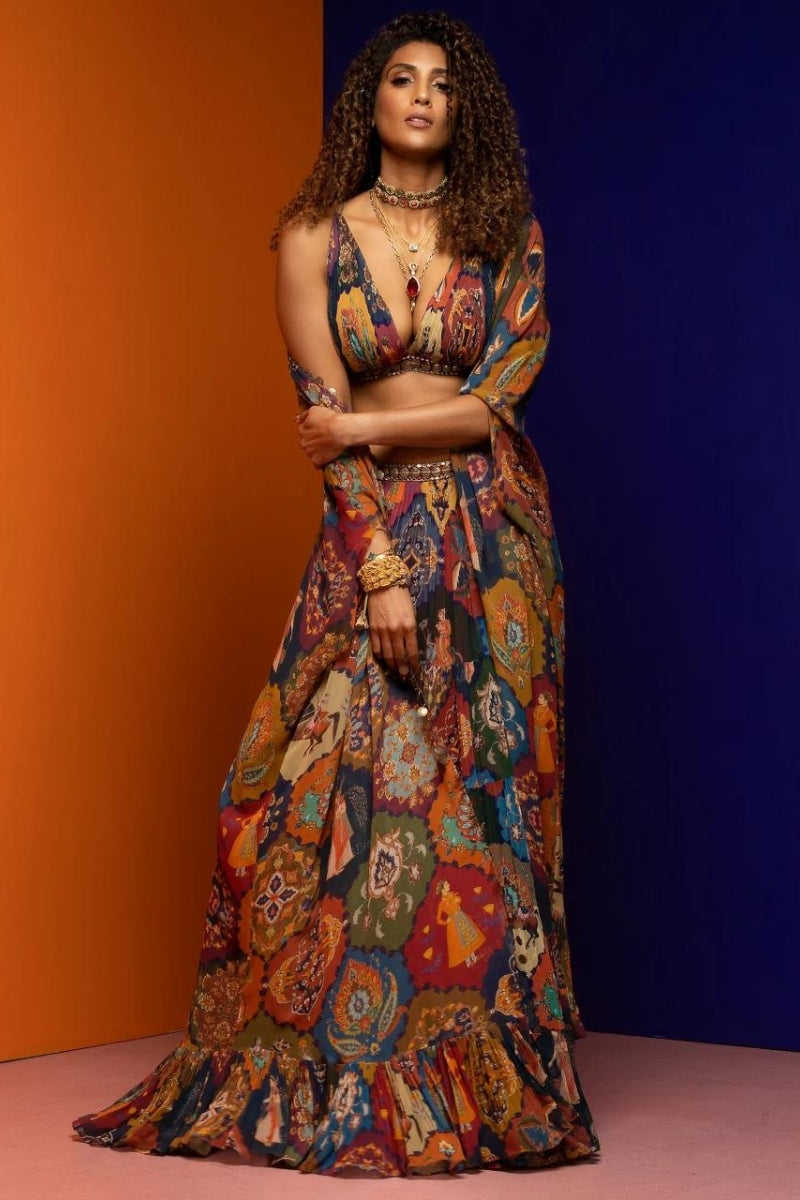 Multicolor Flowy Lehenga & Cape Set