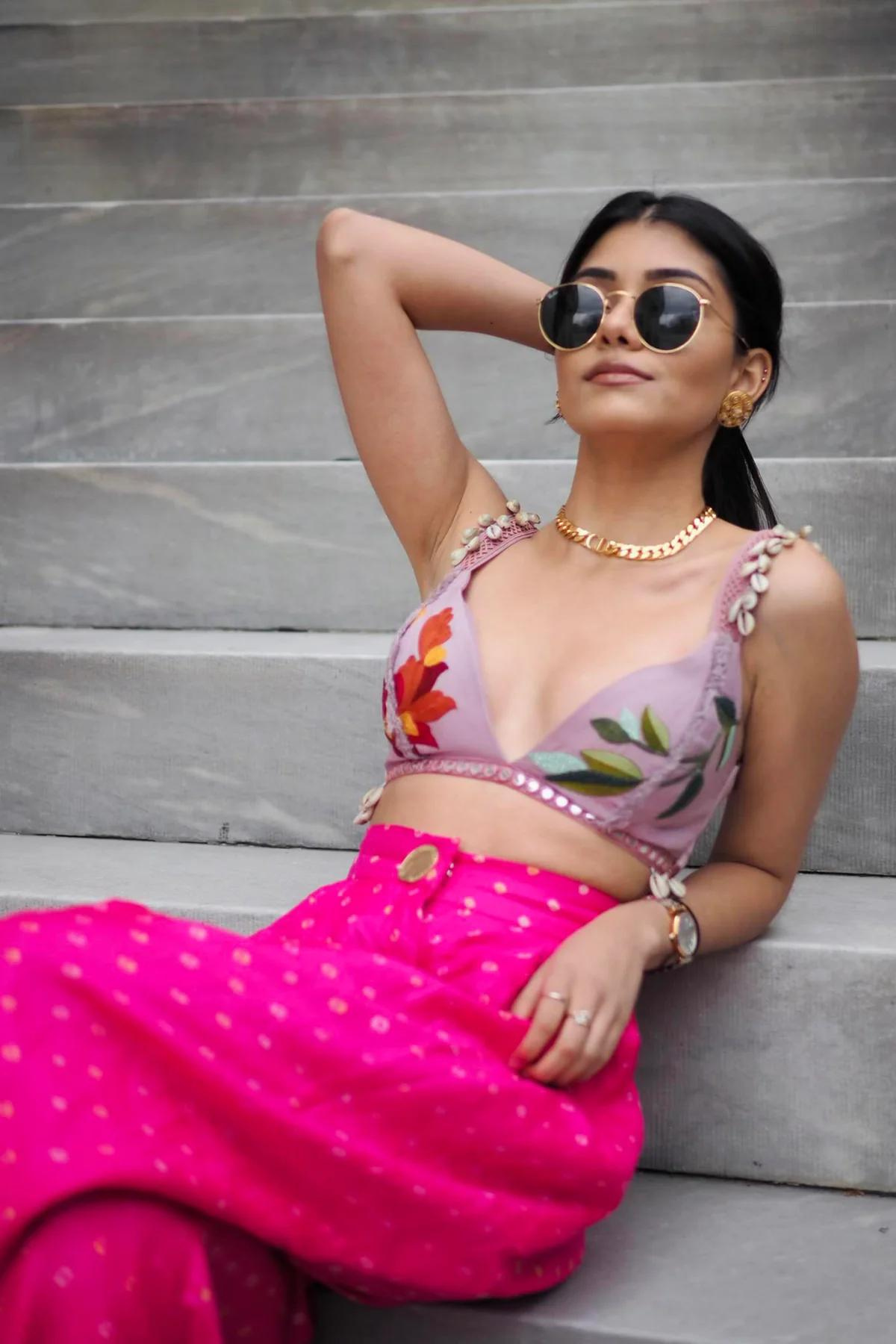 PINK BANDHNI TROUSERS, LILACS AND SEA SHELLS