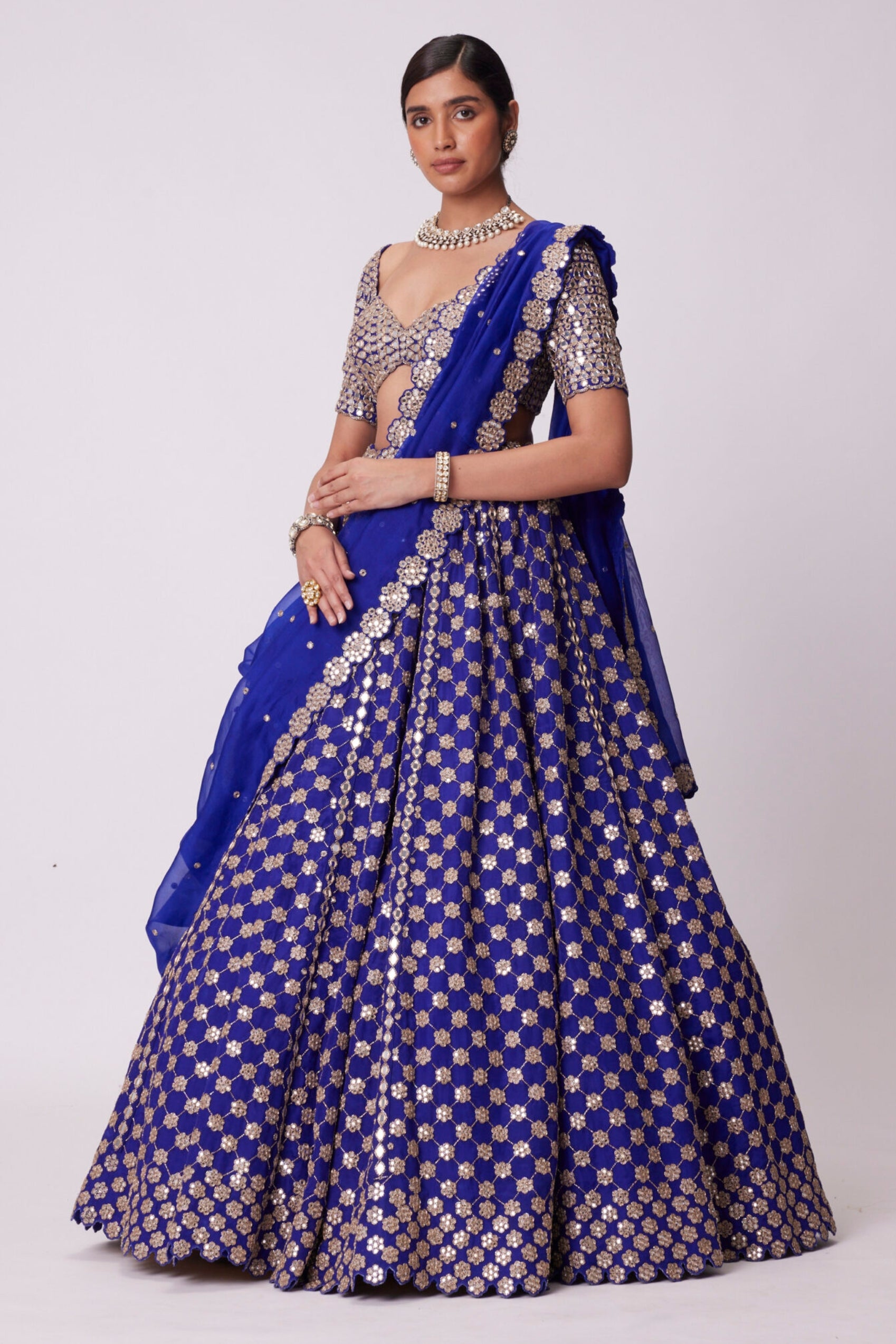 Persian Blue Mirror Flower Embroidered Lehenga Set
