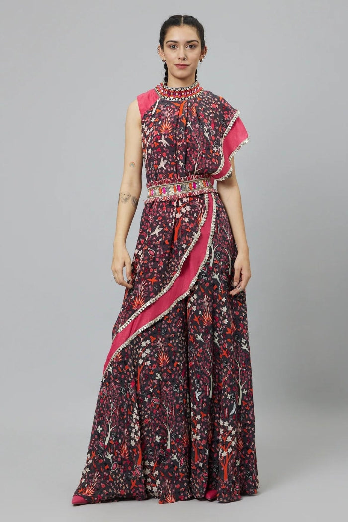 PINK CROP TOP WITH CONCRETE JUNGLE PRINT DRAPE AND PINK SOLID PLAIN SILK DRAPE WITH CONCRETE JUNGLE SHARARA PANTS