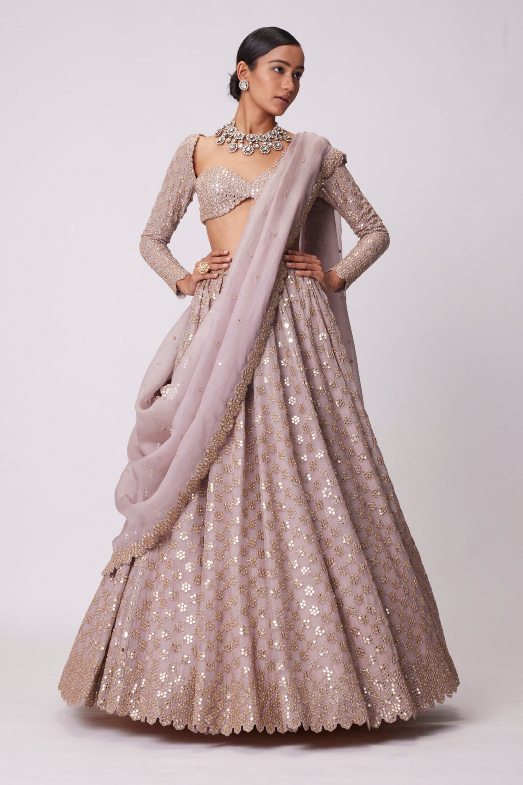 Ash Pink Flower Embroidered Lehenga Set