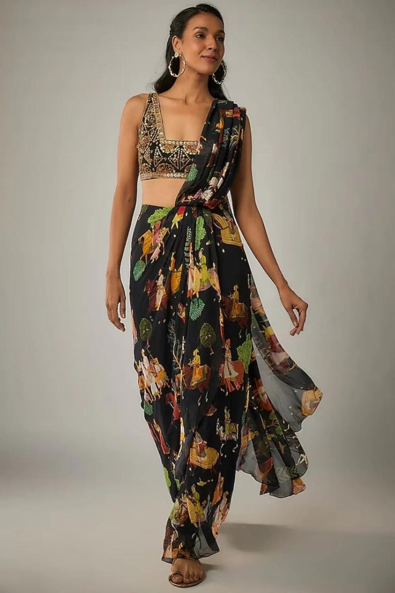 Black Printed Mughal Rhapsody Pre Draped Sari Set
