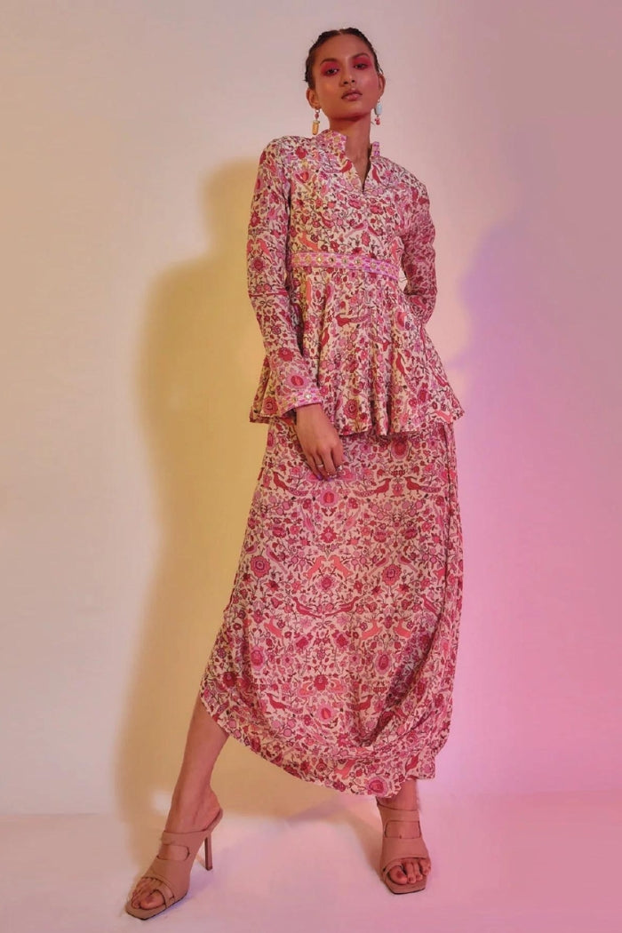 IVORY SAANJH FLORAL PRINT PEPLUM TOP WITH DRAPE SKIRT