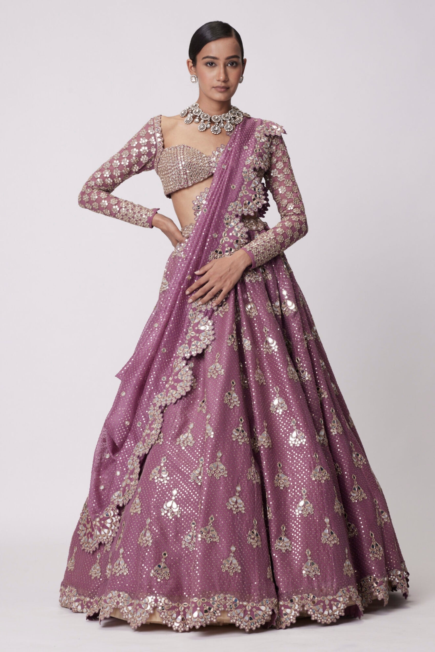 Mud Mauve Sequin And Flower Embroidered Lehenga Set
