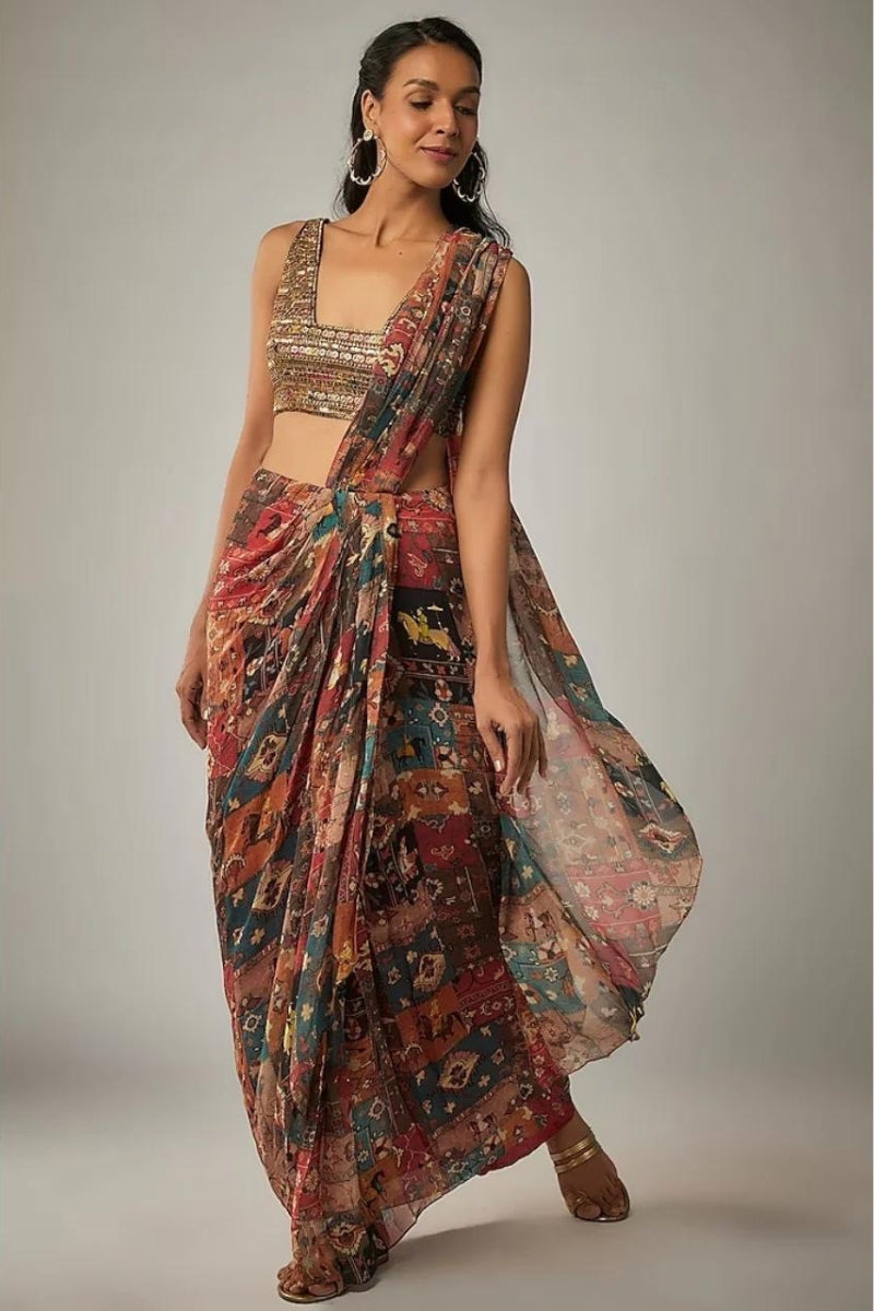 Multicolor Printed Mughal Rhapsody Pre Draped Sari Set