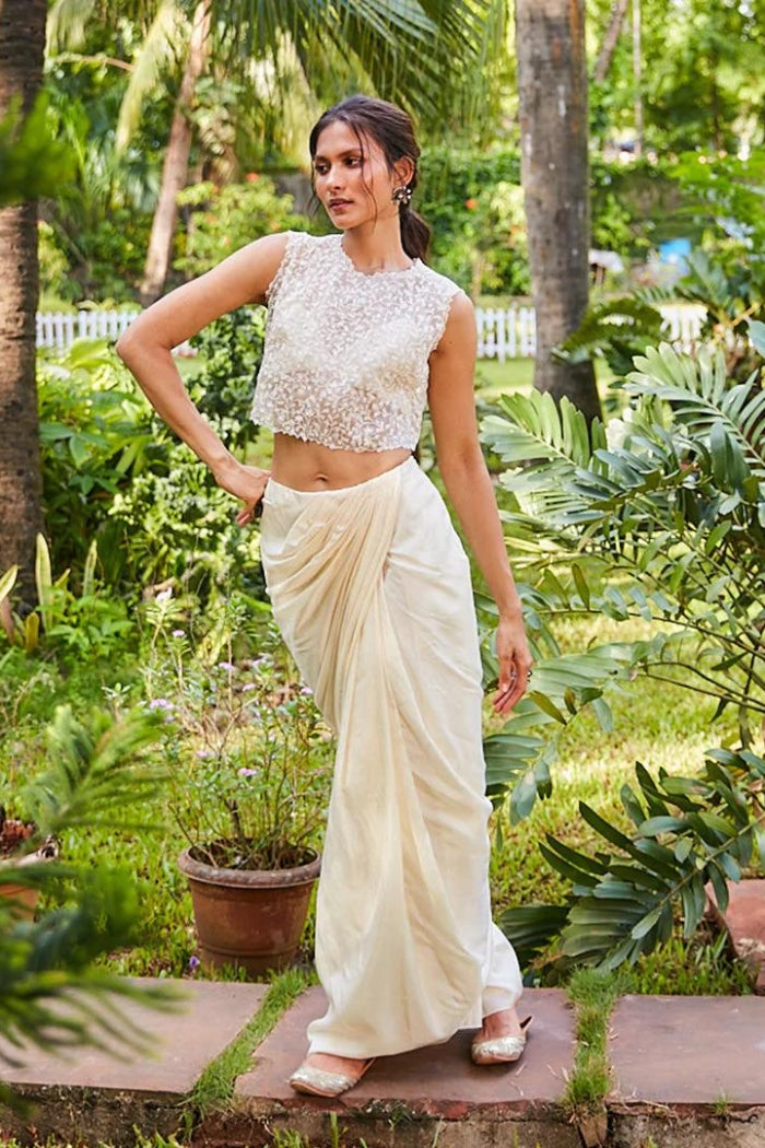 BEIGE SAREE STYLE SKIRT WITH BUSTIER AND ORGANZA CROP TOP