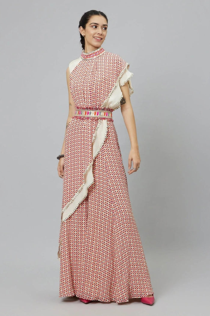 IVORY CROP TOP WITH IVORY GEOMETRIC PRINT DRAPE AND IVORY SOLID PLAIN SILK DRAPE WITH IVORY GEOMETRIC SHARARA PANTS