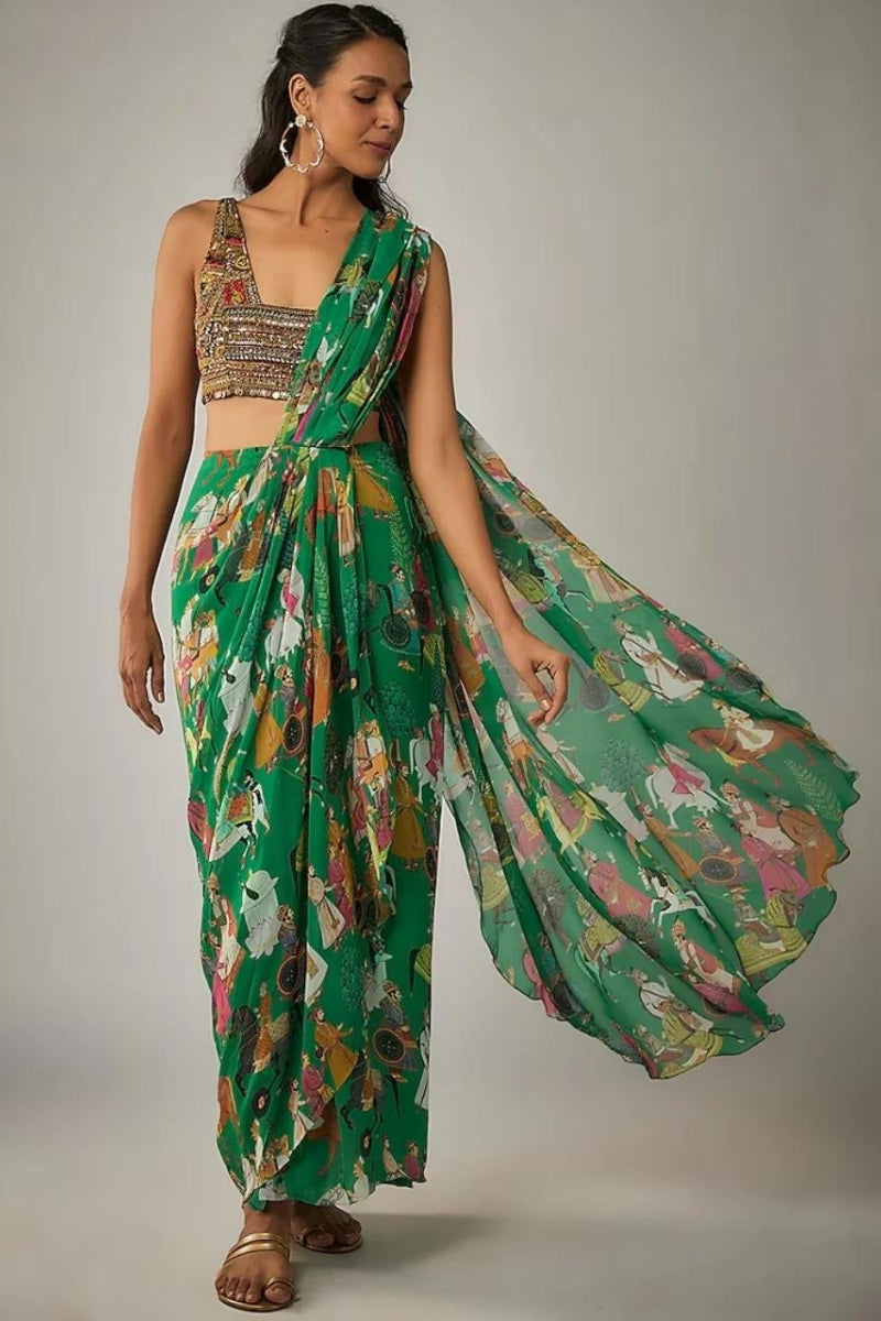 Green Printed Mughal Rhapsody Pre Draped Sari Set