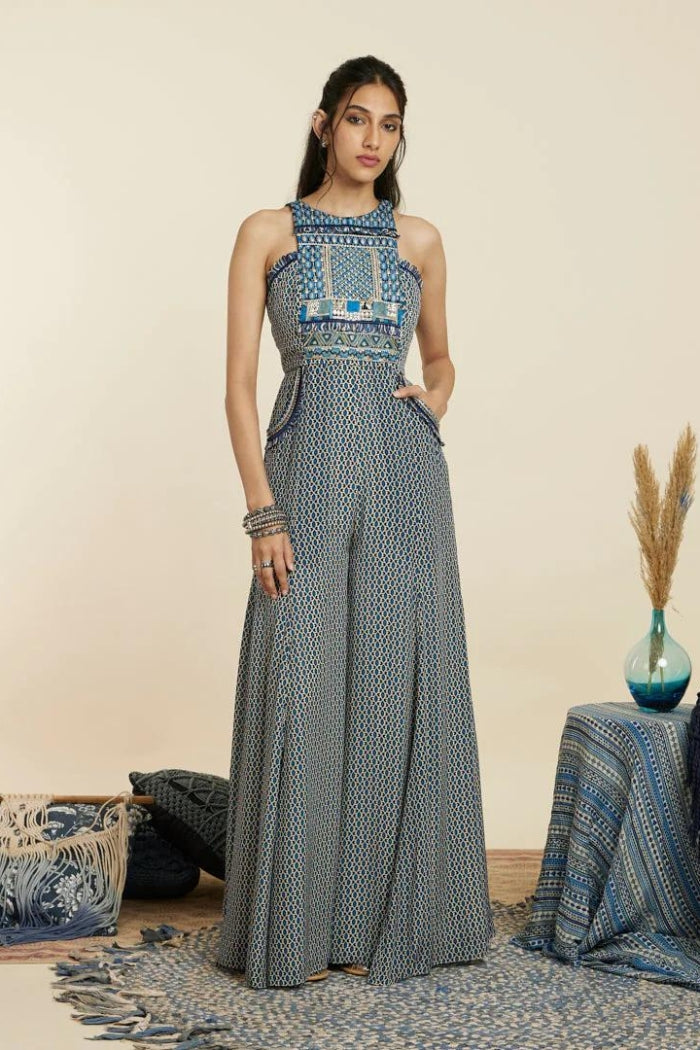 BLUE GEOMETRIC YOKE STYLE JUMPSUIT