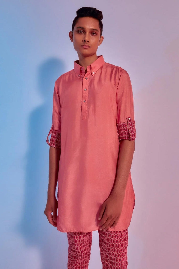 LIGHT CORAL SHIRT STYLE KURTA WITH LATTICE PRINTED ROLLED UP SLEEVES