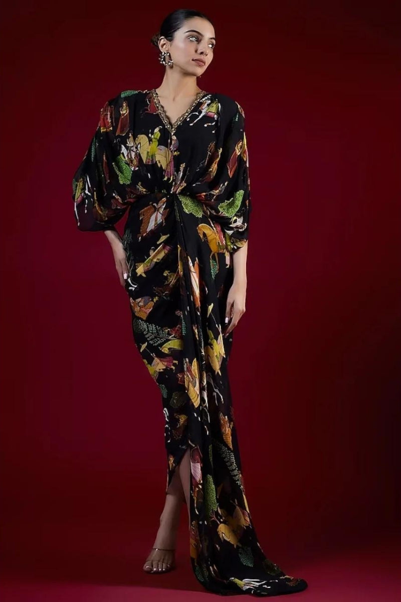 Black Printed Drape Dress