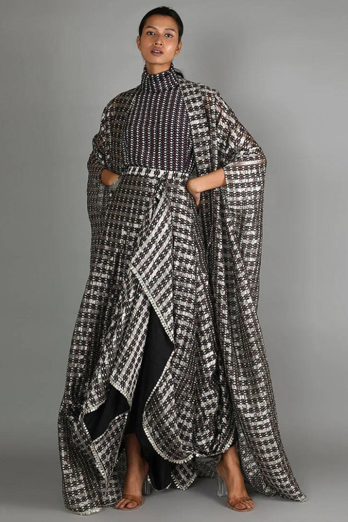 BLACK JAALI PRINT CHANDERI DRAPE SKIRT AND CAPE PAIRED WITH TURTLE NECK PRINTED TOP