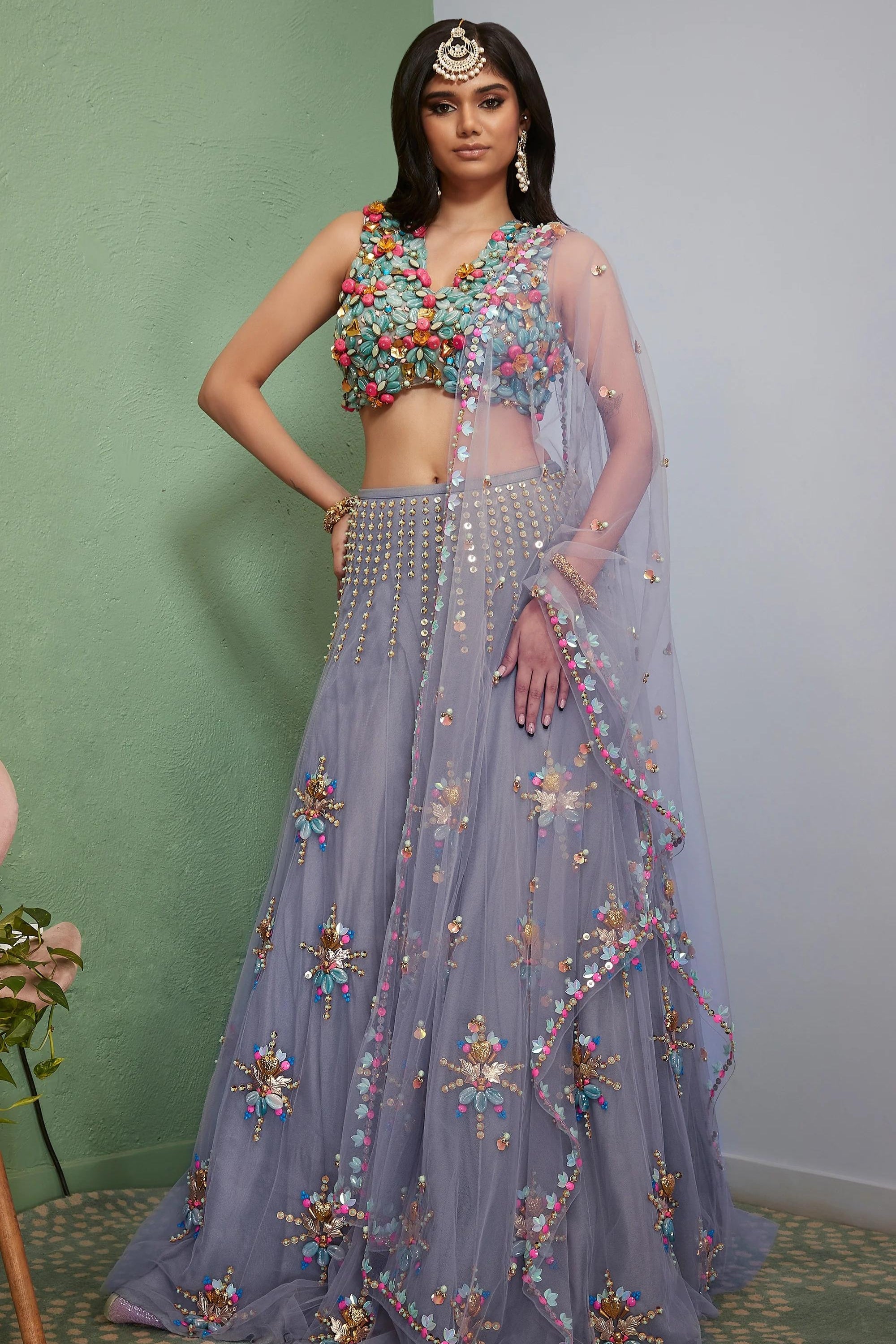 GREY MORE : GREY EMBELLISHED LEHENGA SET.