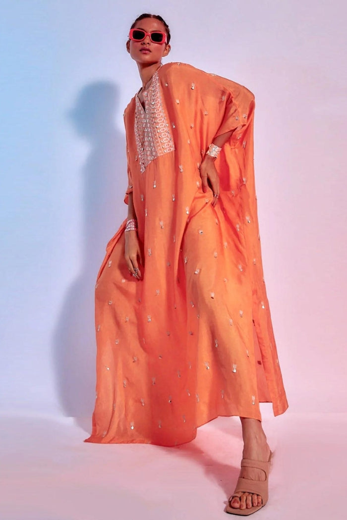 ORANGE EMBELLISHED SUMMER SILK KAFTAN