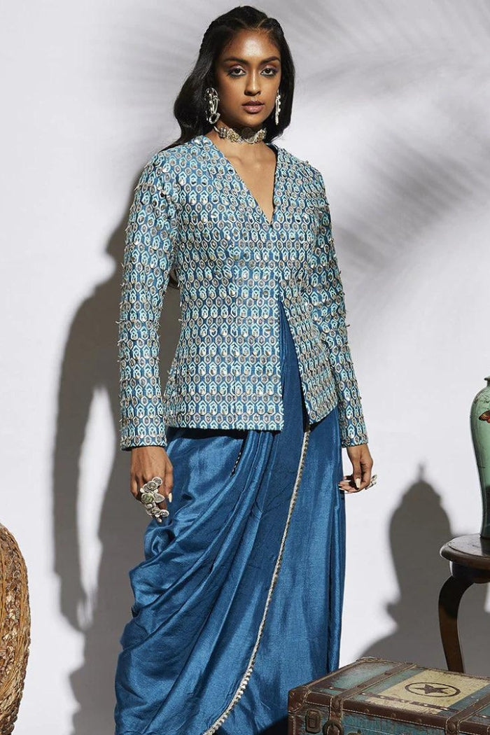 TURQUOISE BLUE DRAPE SKIRT WITH ATTACHED DRAPE PAIRED WITH EMBELLISHED