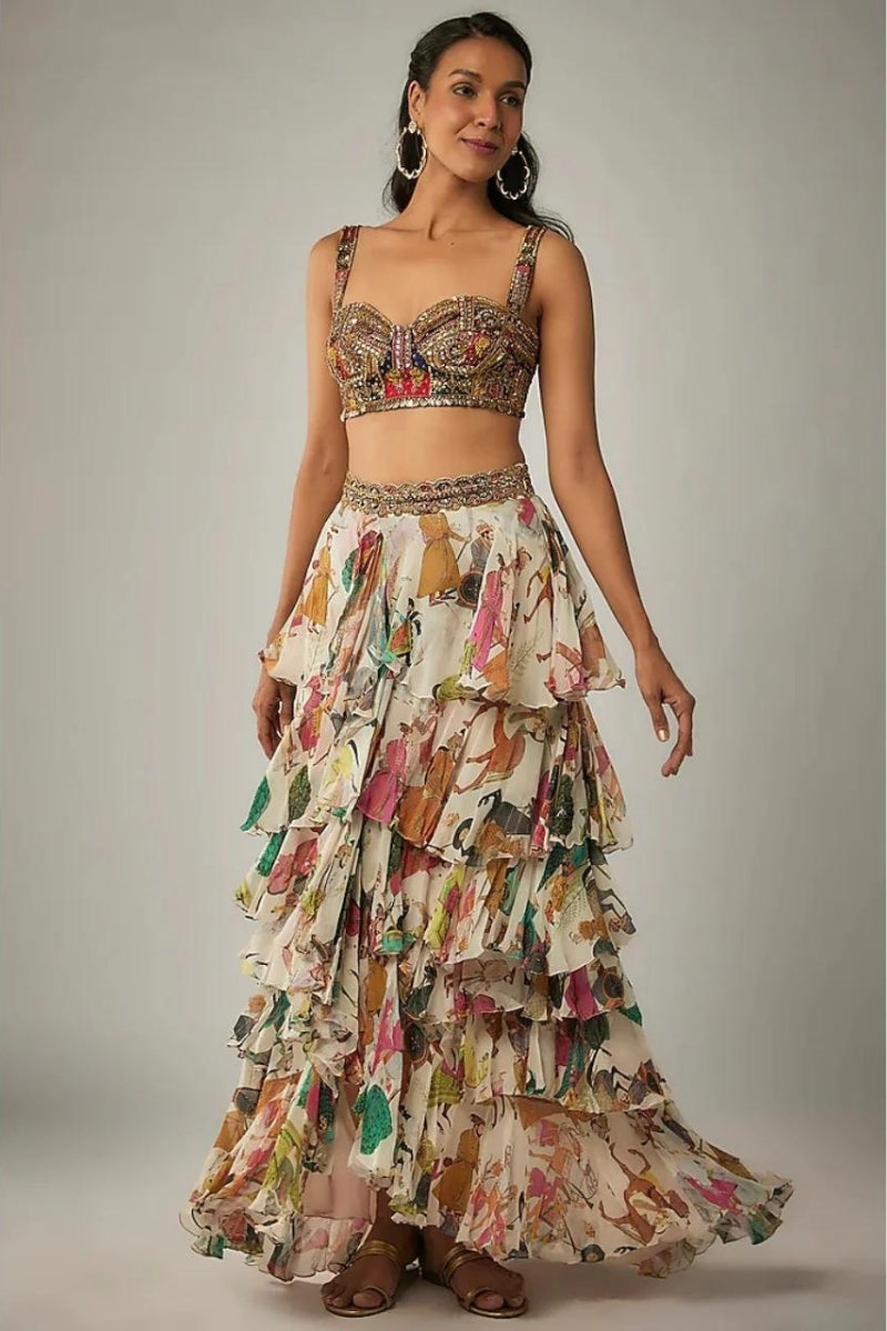 Ivory Printed Ruffle Skirt Set