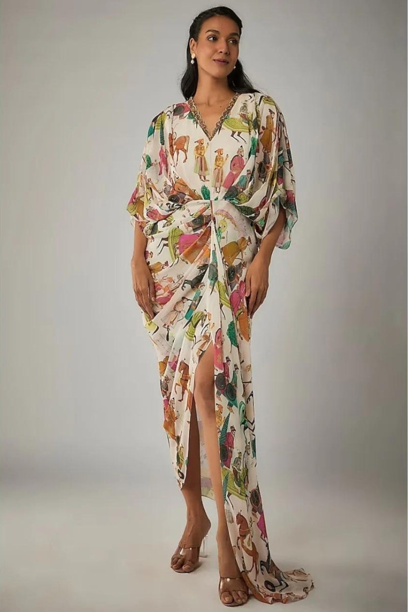 Ivory Printed Drape Dress