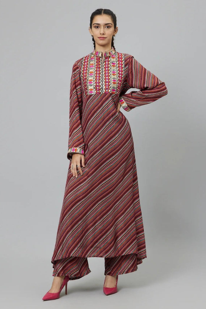 BOHEMIAN STRIPE PRINT KURTA WITH EMBROIDERED YOKE AND PANTS