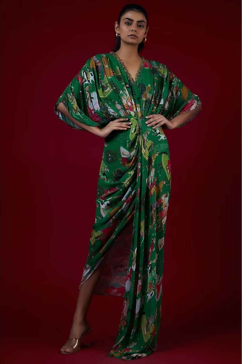 Green Printed Drape Dress