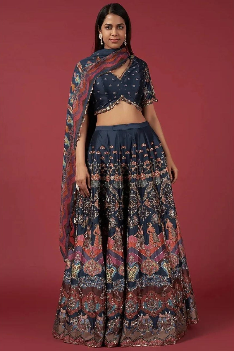 Navy Blue Taffeta Embroidered Lehenga Set