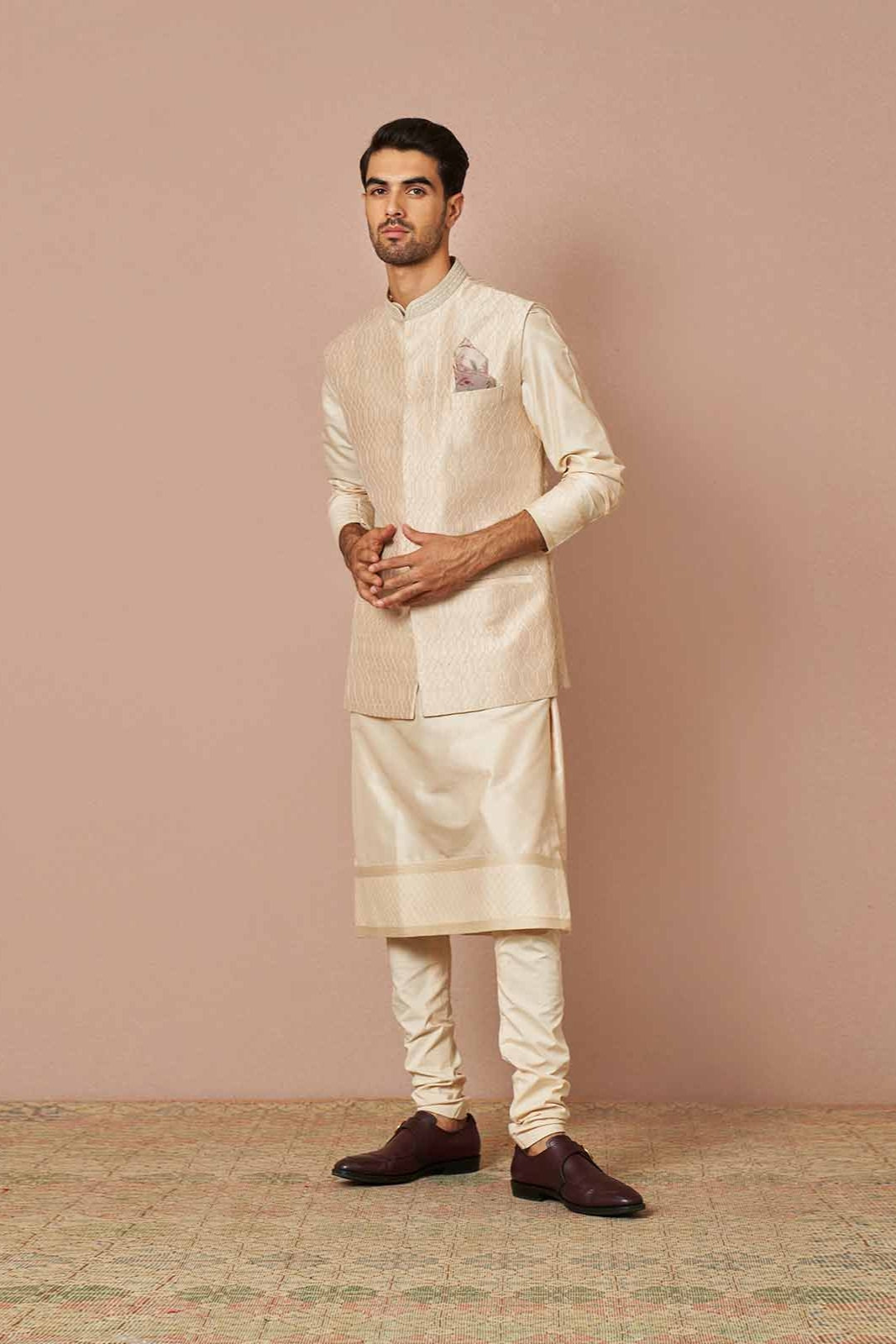 IVORY RAWSILK ADAM THREADWORK EMBROIDERED BANDI SET