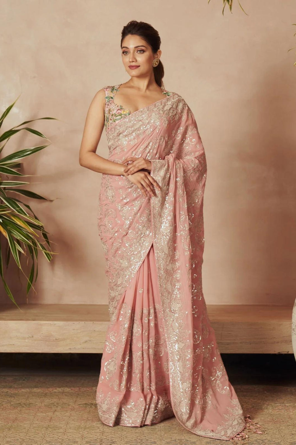 PINK GEORGETTE EMBROIDERED DAAVARI SAREE