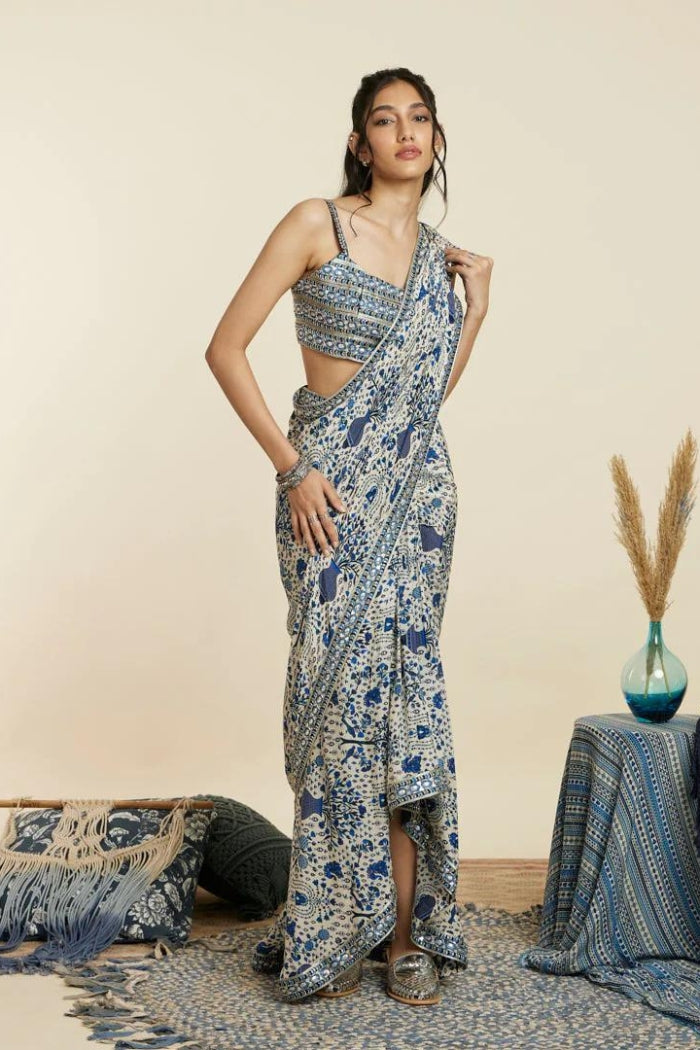 SAFAR BLUE JAAL PRINT CASCADE SAREE