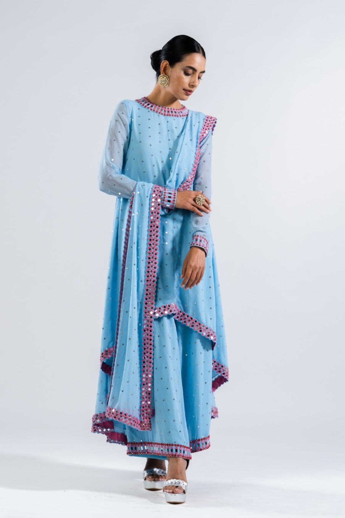 Ice Blue Asymmetrical Kurta Set With Dupatta