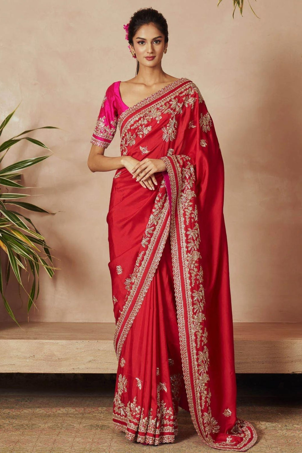 RED DUPION SILK THITHLI SAREE SET