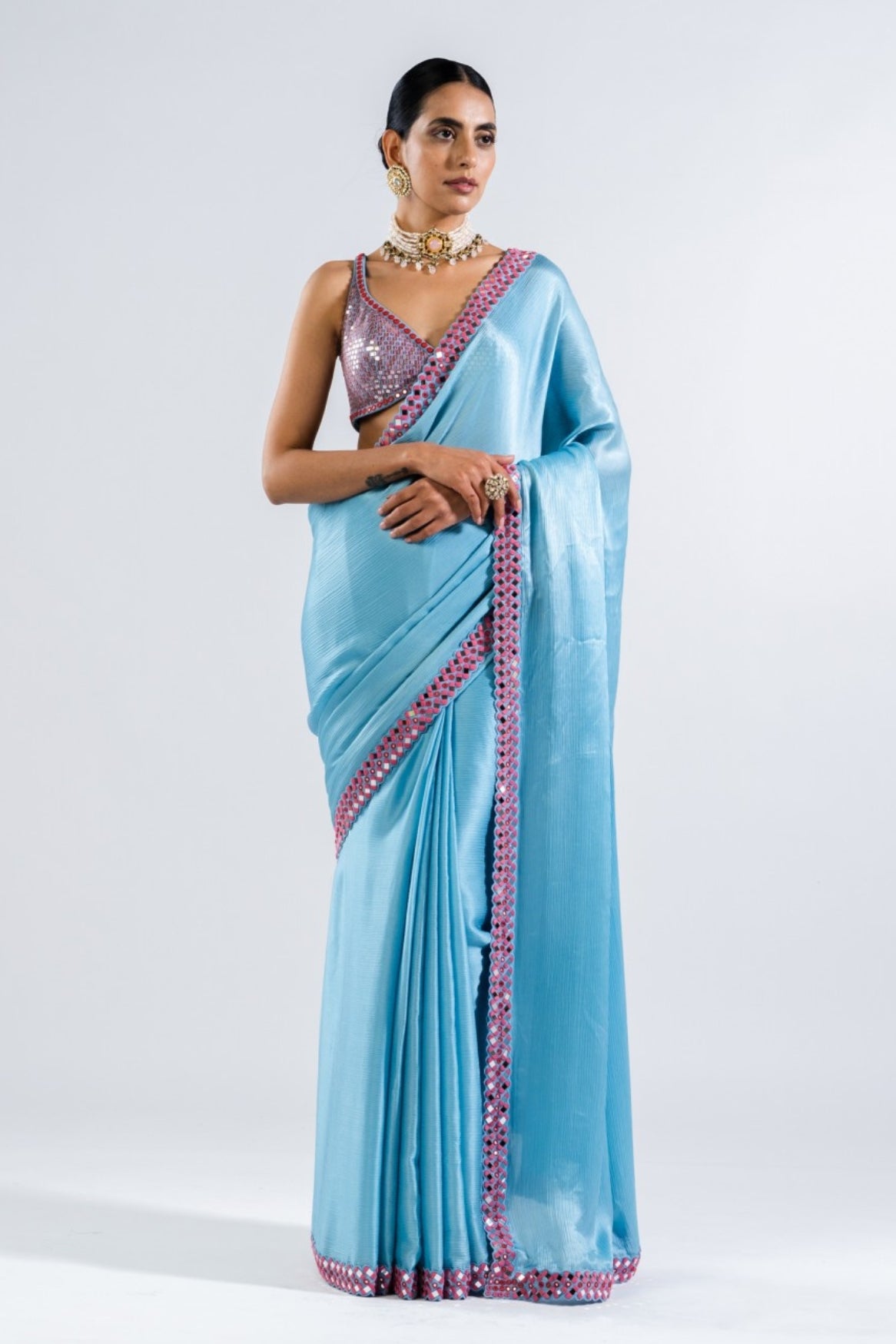 Ice Blue Satin Chiffon Saree Set