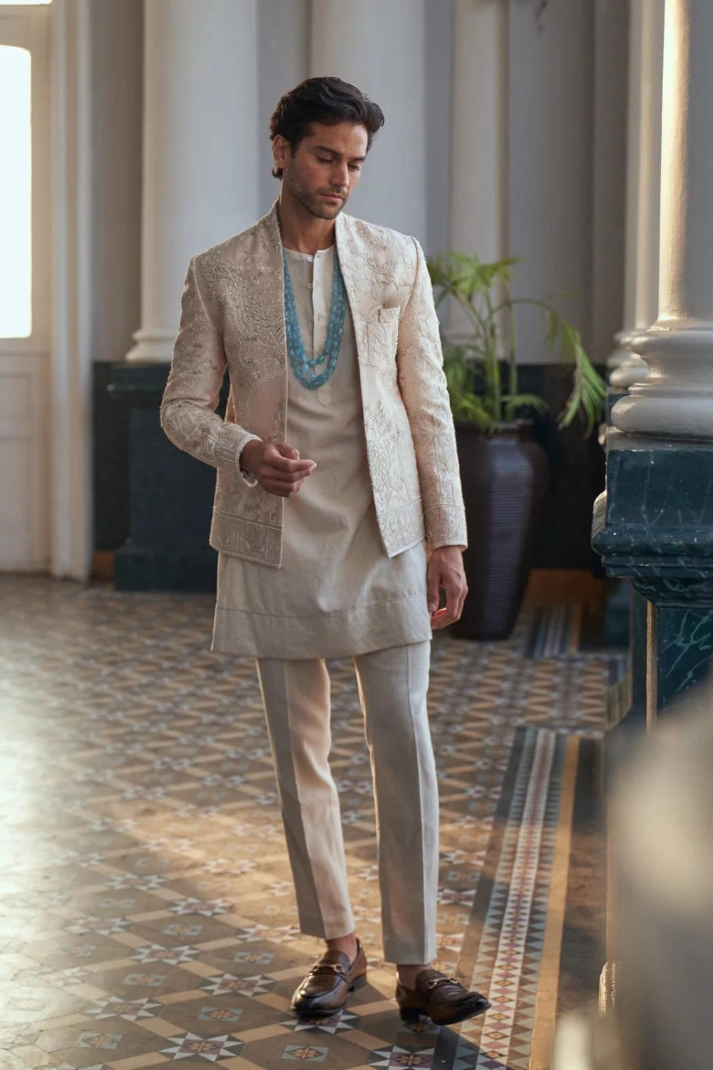 IVORY RAW SILK BANDHGALA SET