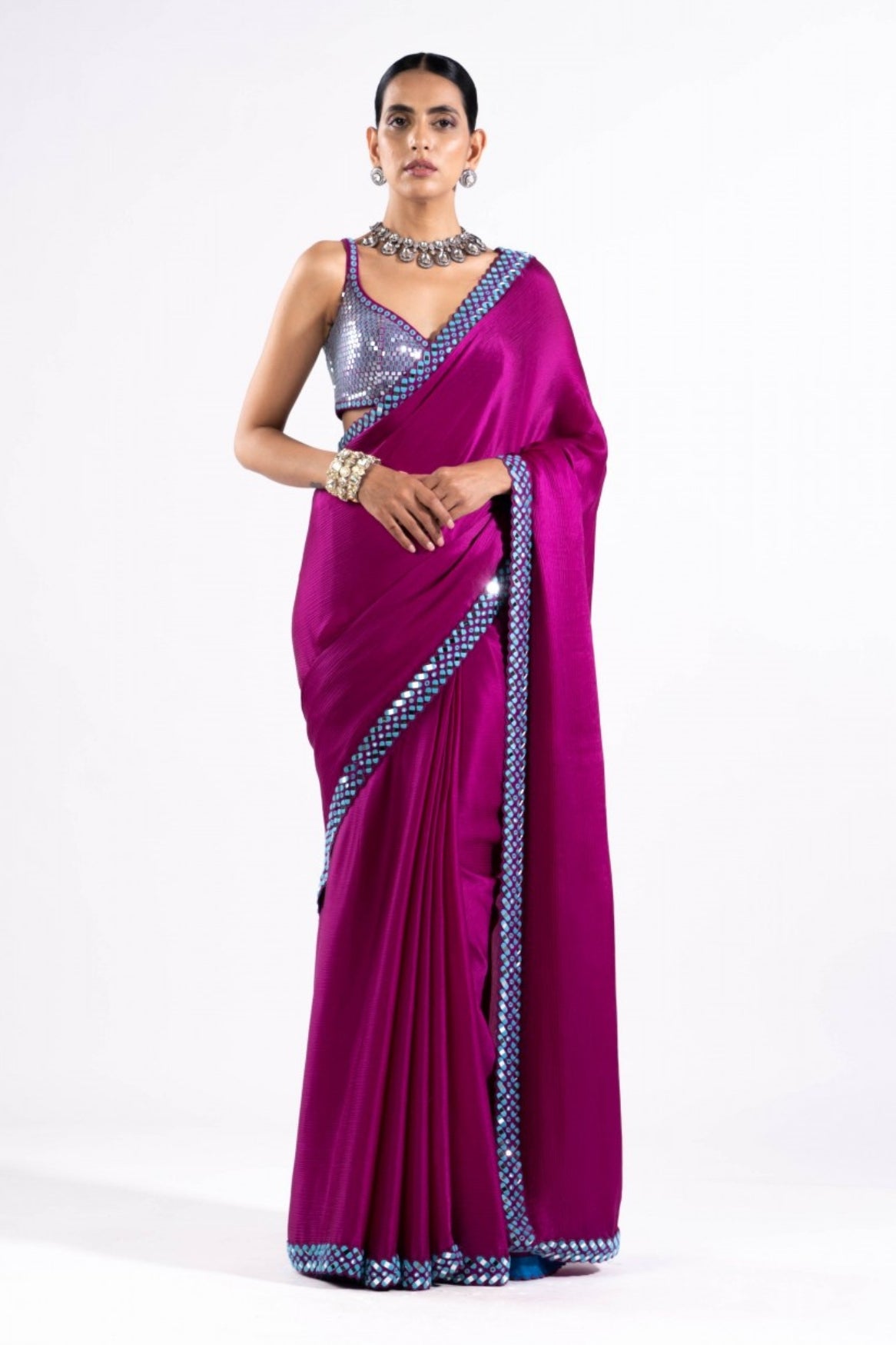 Pop Wine Satin Chiffon Saree Set