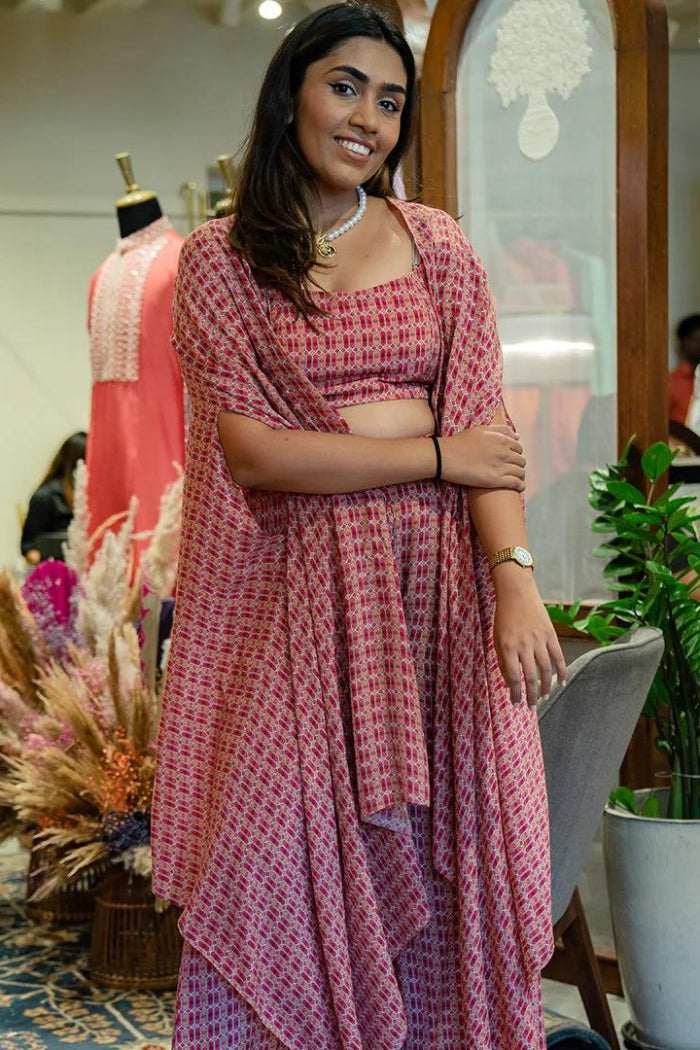RED AND ORANGE LATTICE PRINT DRAPE SKIRT WITH BUSTIER AND CAPE