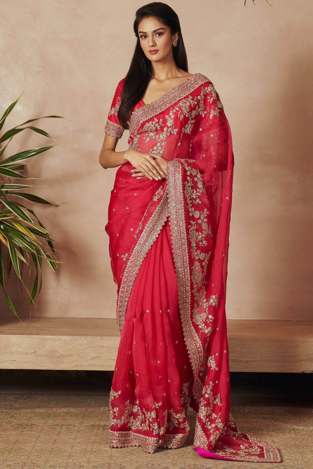 RED ORGANZA CREEPER EMBROIDERED SAREE