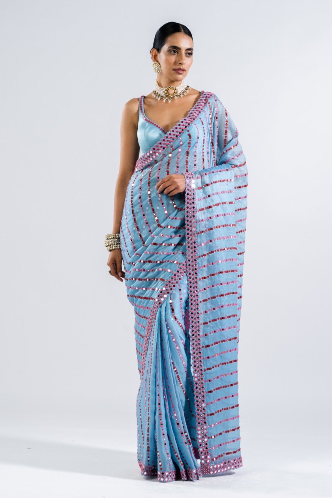 Ice Blue Heavy Mirror Work Saree Set