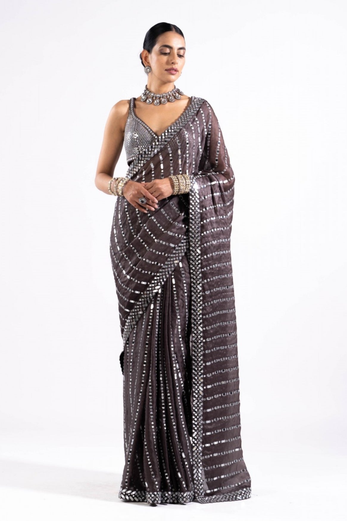 Charcoal Grey Heavy Mirror Work Saree With Metallic Blouse