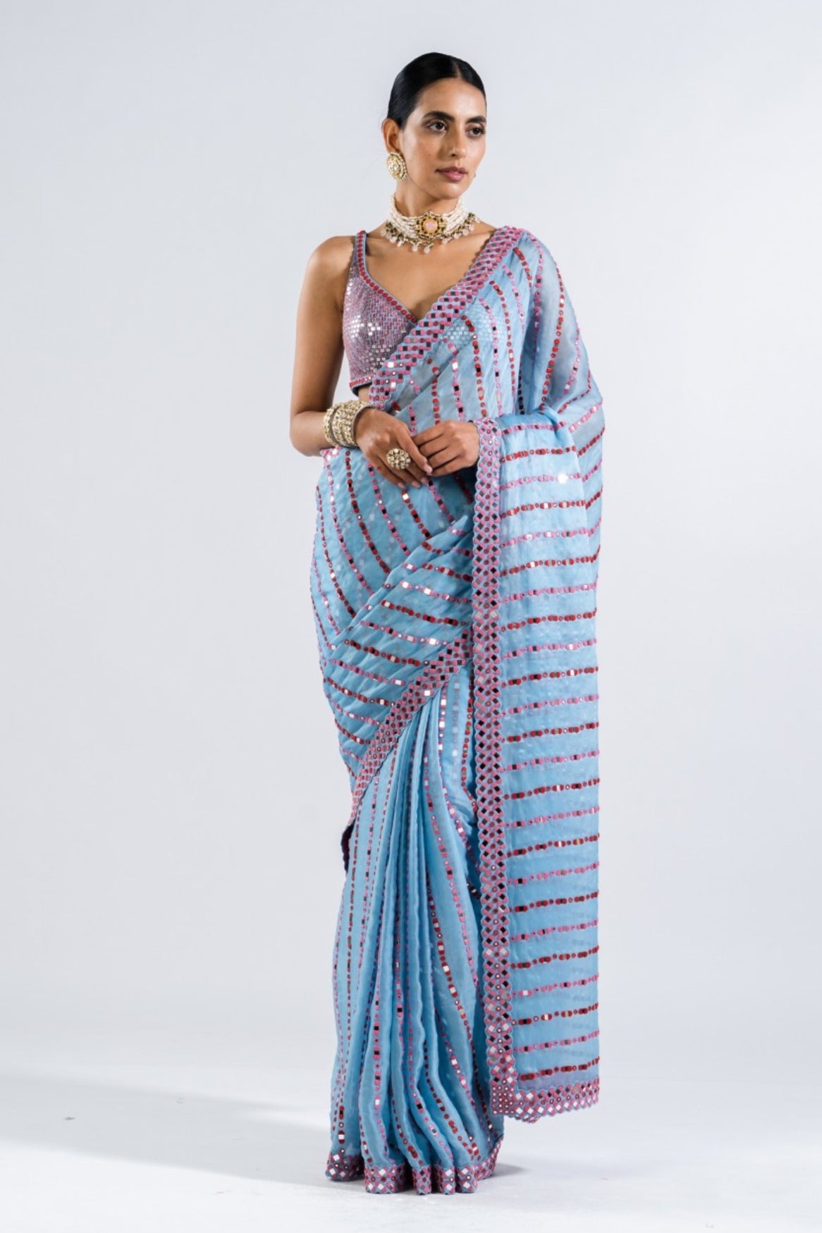 Ice Blue Heavy Mirror Work Saree With Metallic Blouse