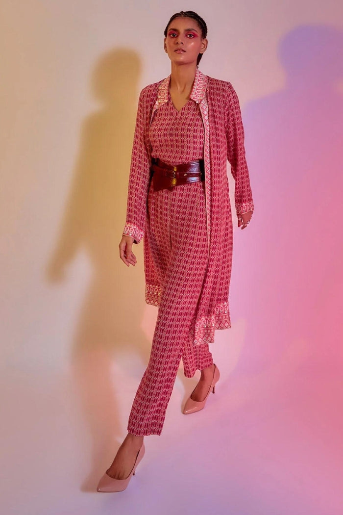 LATTICE PRINTED CAMISOLE AND PANTS TEAMED WITH AN EMBELLISHED PRINTED JACKET