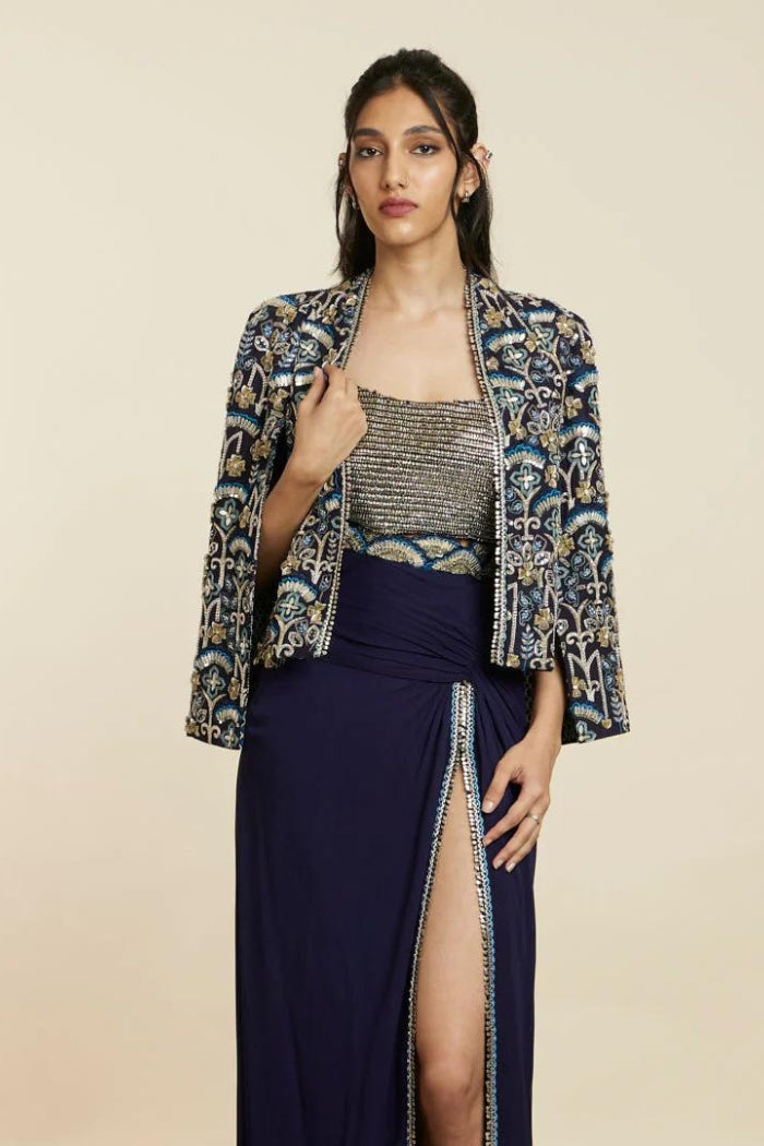 BLUE ART DECO EMBELLISHED NOOR JACKET